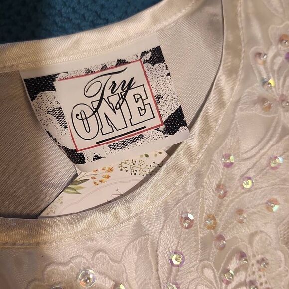 White Vintage Satin Beaded Vintage Tank Top by Try One - Picture 5 of 5